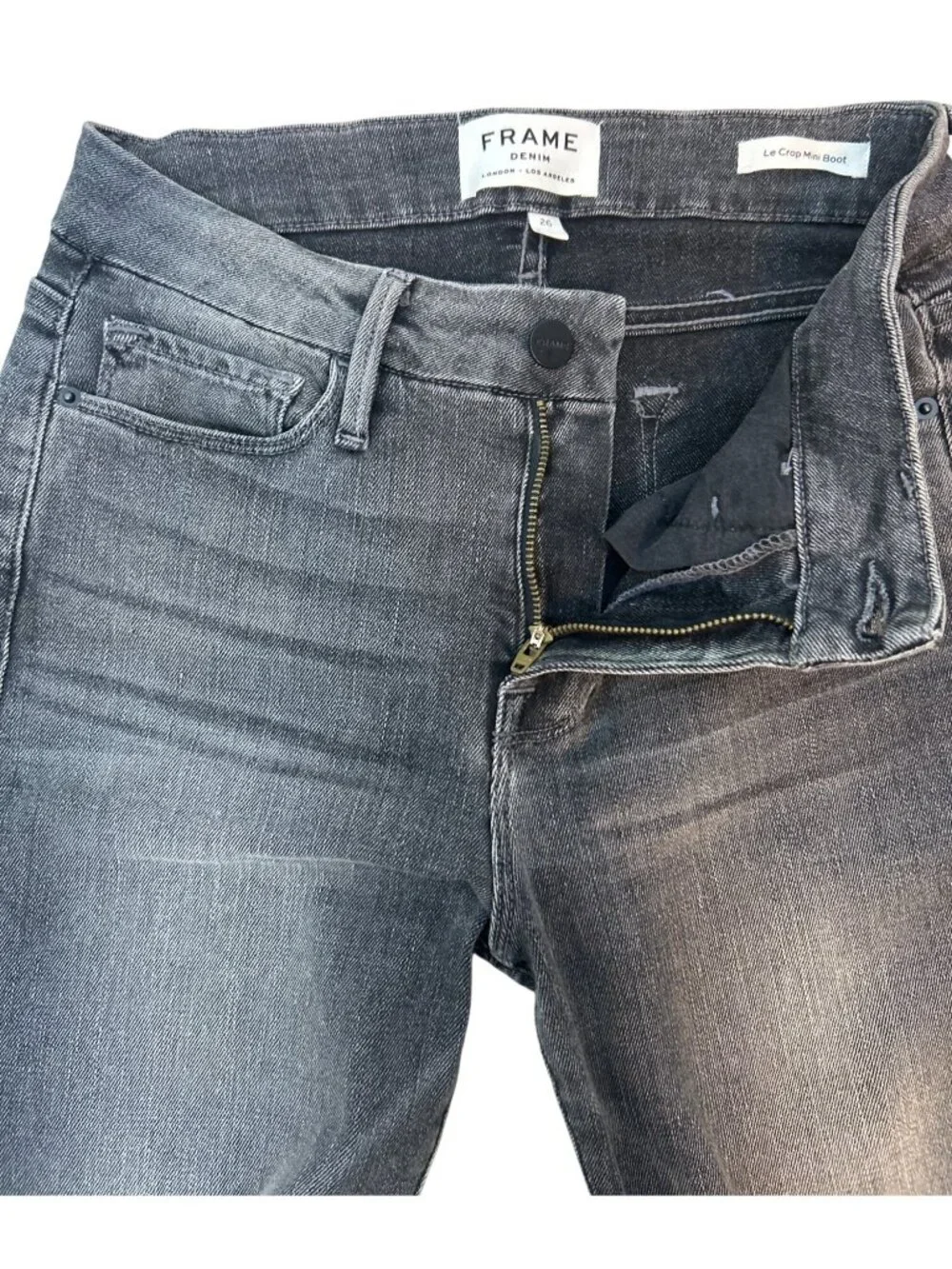 Frame Women's 26 Le Crop Mini Bootcut Jeans Gray w/ Black Panels Frayed Hem